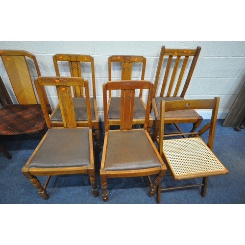 1278 - A 20TH CENTURY OAK DROP LEAF TROLLEY, a set of four oak dining chairs, with brown leather drop in se... 