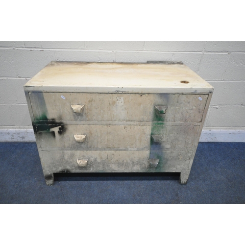 1282 - A DISTRESSED PAINTED PINE CHEST OF THREE LONG DRAWERS, width 103cm x depth 54cm x height 78cm (condi... 