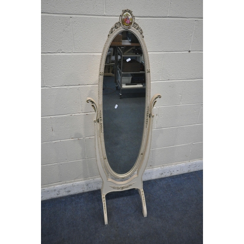 1283 - A WHITE PAINTED FRENCH CHEVAL MIRROR, the crest with an image signed Fragonard, width 51cm x depth 3... 