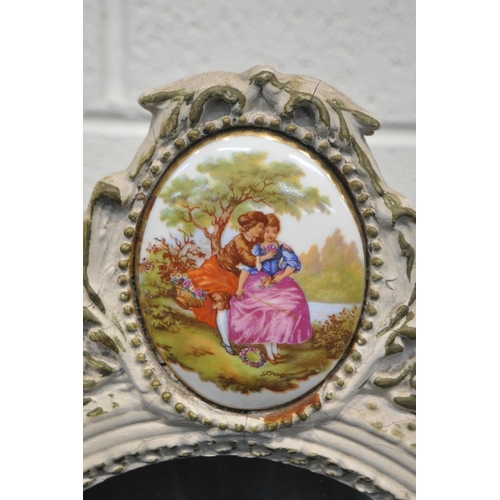 1283 - A WHITE PAINTED FRENCH CHEVAL MIRROR, the crest with an image signed Fragonard, width 51cm x depth 3... 