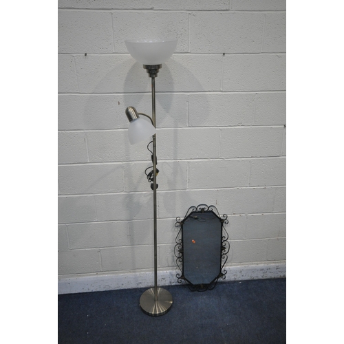 1287 - A METAL STANDARD LAMP, along with a metal framed wall mirror (2)