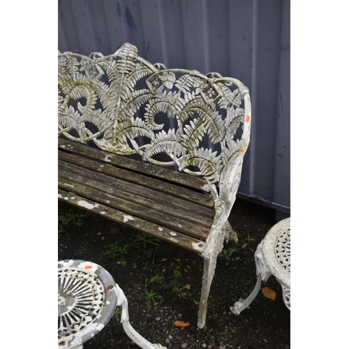 1001 - A CAST ALUMINIUM FERN PATTERNED GARDEN BENCH, with teak slats, length 151cm x depth 54cm x height 89... 