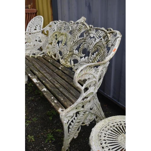 1001 - A CAST ALUMINIUM FERN PATTERNED GARDEN BENCH, with teak slats, length 151cm x depth 54cm x height 89... 