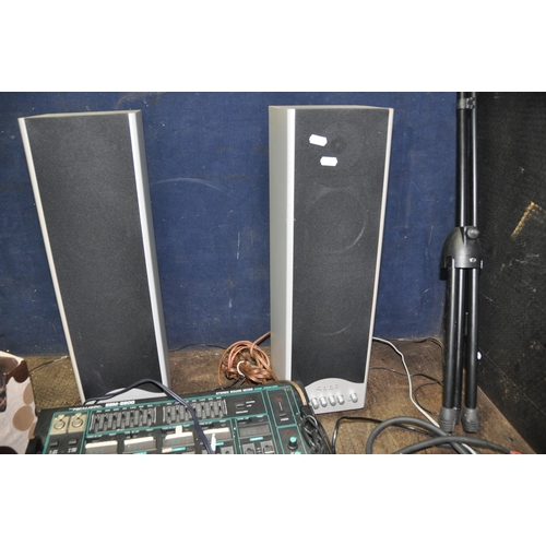 1067 - A REALISTIC SSM-2200 DJ MIXER, a Realistic Stereo mic, a Jem mic, a pair of speakers (one powered) a... 