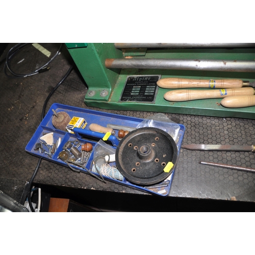 1080 - AN ALPINE G800 VINTAGE WOOD LATHE with a toolbox containing Marples, Sorby, Ashley Iles etc chisels ... 