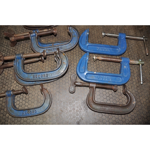 1087 - A TRAY CONTAINING SEVEN RECORD G CLAMPS of three sizes and three other G clamps (10)