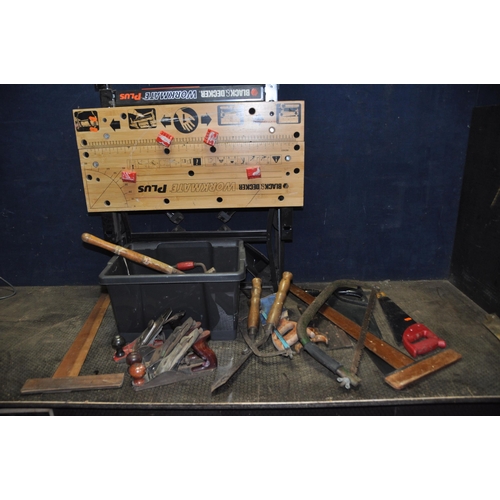 1113 - A BOX OF WOODWORKING TOOLS AND A WORKMATE including a Rapier 400 wood plane, two similar planes Made... 