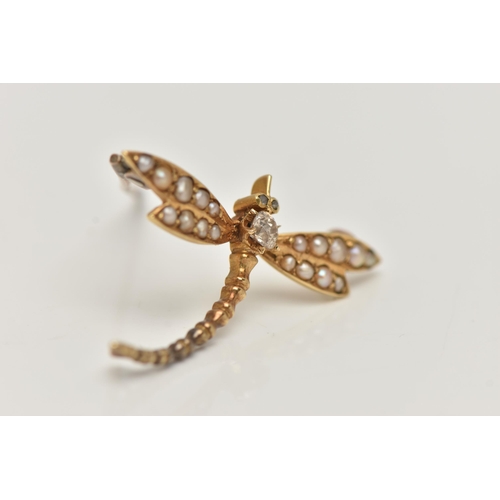 13 - A YELLOW METAL DIAMOND AND PEARL BROOCH, in the form of a dragonfly, set with a central round brilli... 