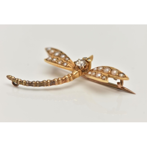 13 - A YELLOW METAL DIAMOND AND PEARL BROOCH, in the form of a dragonfly, set with a central round brilli... 