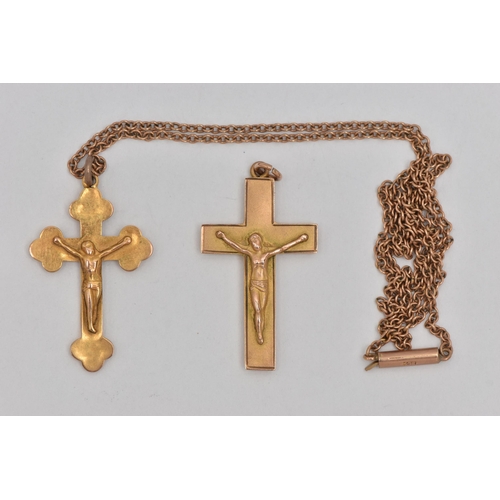 16 - TWO CRUCIFIX PENDANTS AND A CHAIN, both pendants stamped 9ct, both fitted with jump rings, length 35... 