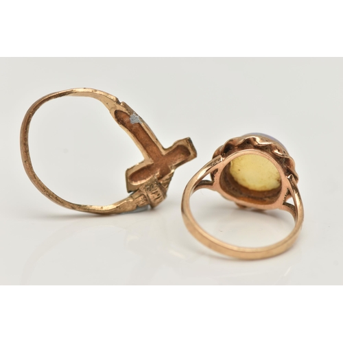 17 - TWO RINGS, the first an AF crucifix ring, hallmarked 9ct Birmingham, squashed ring, approximate gros... 