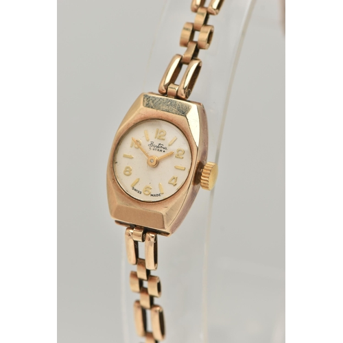 18 - A LADIES 9CT GOLD 'BENTIMA' WRISTWATCH, manual wind, round silver dial signed 'Bentima Star', altern... 