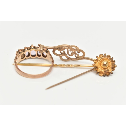 19 - A 9CT GOLD FIVE STONE RING, STICK PIN AND BROOCH, the ring designed as five graduated oval cut ameth... 