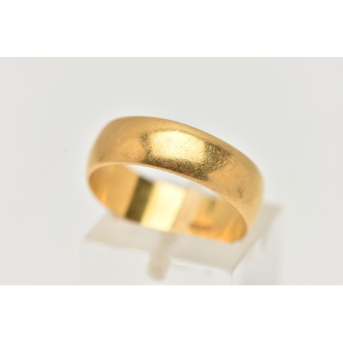 2 - A YELLOW METAL WIDE POLISHED BAND, approximate band width 6.2mm, stamped 22 carat, ring size N, appr... 