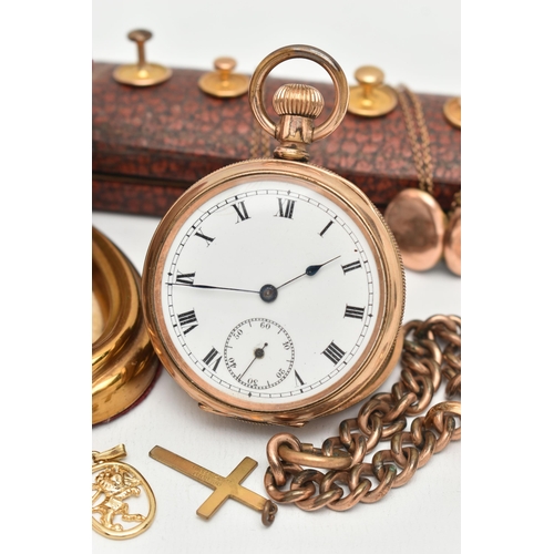 21 - A BAG OF ASSORTED JEWELLERY, to include a gold plated manual wind, open face pocket watch, round whi... 