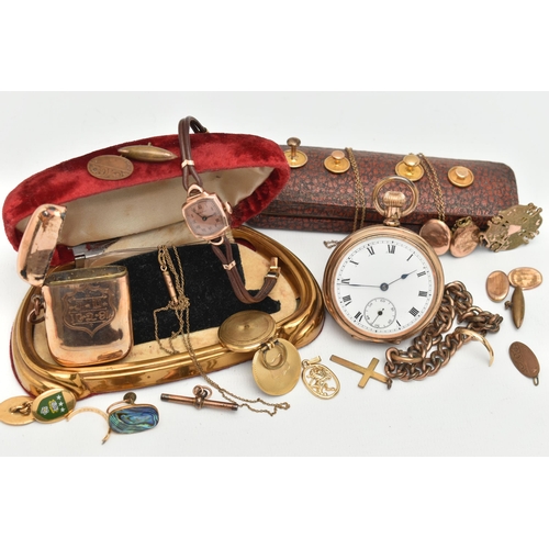 21 - A BAG OF ASSORTED JEWELLERY, to include a gold plated manual wind, open face pocket watch, round whi... 