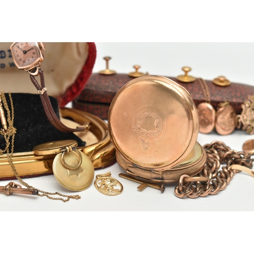 21 - A BAG OF ASSORTED JEWELLERY, to include a gold plated manual wind, open face pocket watch, round whi... 