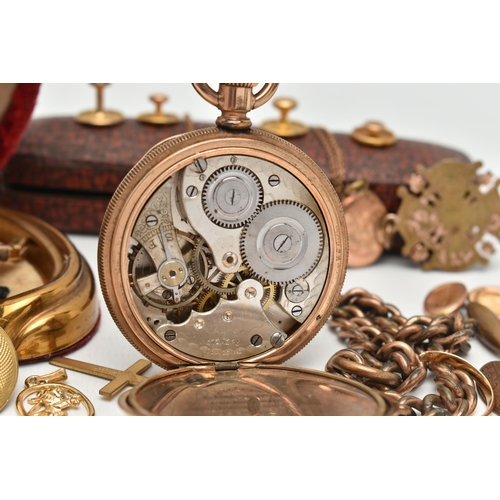 21 - A BAG OF ASSORTED JEWELLERY, to include a gold plated manual wind, open face pocket watch, round whi... 