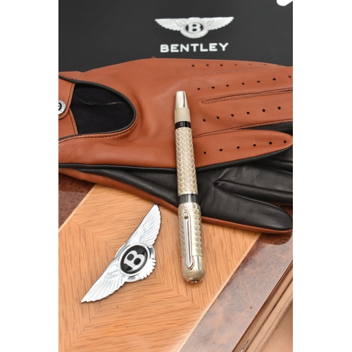 22 - A TIBALDI FOR BENTLEY SPECIAL EDITION SILVER FOUNTAIN PEN AND LEATHER DRIVING GLOVES, made to celebr... 