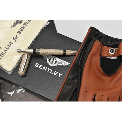 22 - A TIBALDI FOR BENTLEY SPECIAL EDITION SILVER FOUNTAIN PEN AND LEATHER DRIVING GLOVES, made to celebr... 