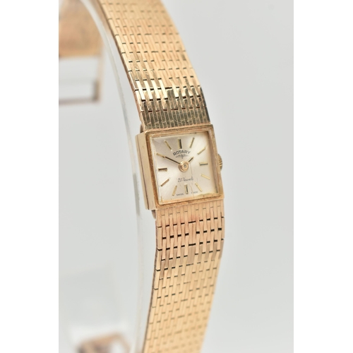 26 - A 1960'S 9CT GOLD ROTARY WRISTWATCH, the square face with gold coloured baton markers, signed Rotary... 