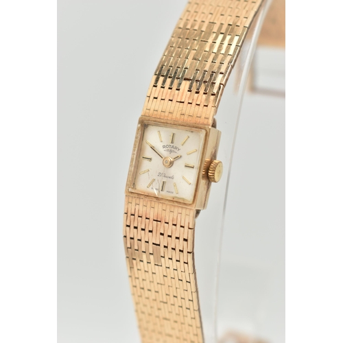 26 - A 1960'S 9CT GOLD ROTARY WRISTWATCH, the square face with gold coloured baton markers, signed Rotary... 