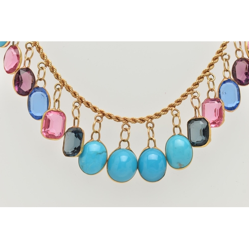 27 - A GEM AND PASTE FRINGE NECKLACE, the rope twist chain suspending oval turquoise cabochons and oval a... 