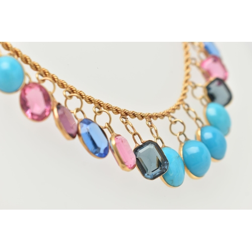 27 - A GEM AND PASTE FRINGE NECKLACE, the rope twist chain suspending oval turquoise cabochons and oval a... 