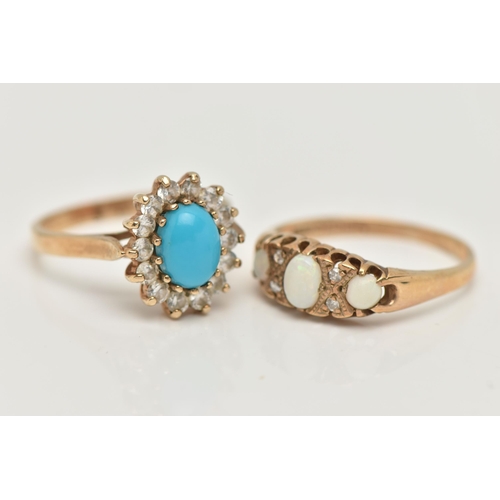 28 - TWO 9CT GOLD RINGS, the first a designed as three opal cabochons interspaced by four single cut diam... 