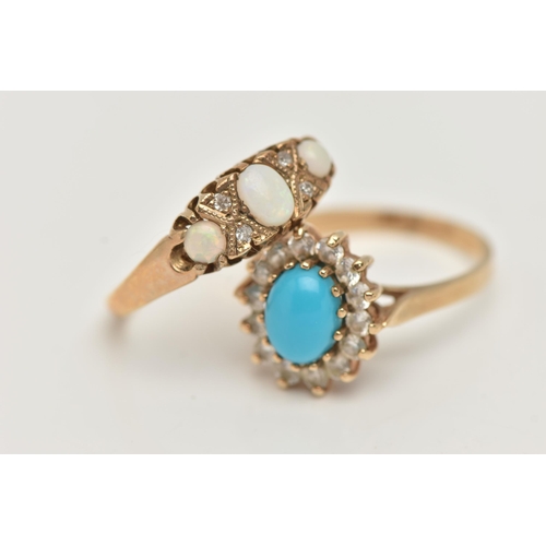 28 - TWO 9CT GOLD RINGS, the first a designed as three opal cabochons interspaced by four single cut diam... 