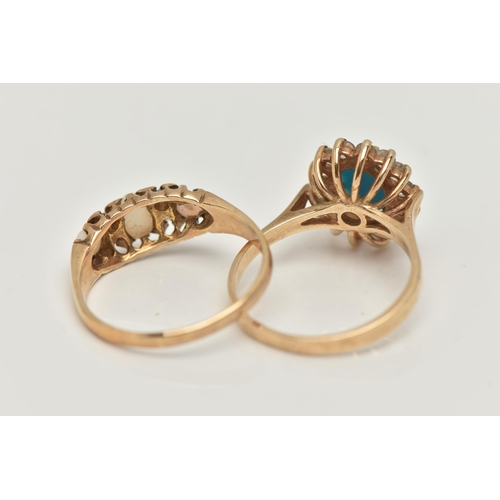 28 - TWO 9CT GOLD RINGS, the first a designed as three opal cabochons interspaced by four single cut diam... 