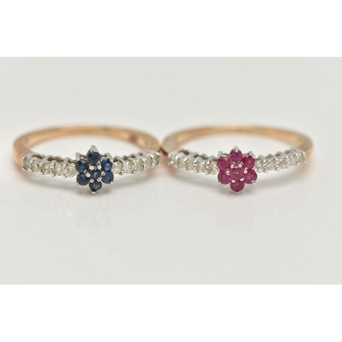 29 - TWO 9CT GOLD GEM SET RINGS, both designed with a line of brilliant cut diamonds, the first with a ce... 