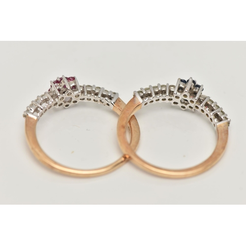 29 - TWO 9CT GOLD GEM SET RINGS, both designed with a line of brilliant cut diamonds, the first with a ce... 