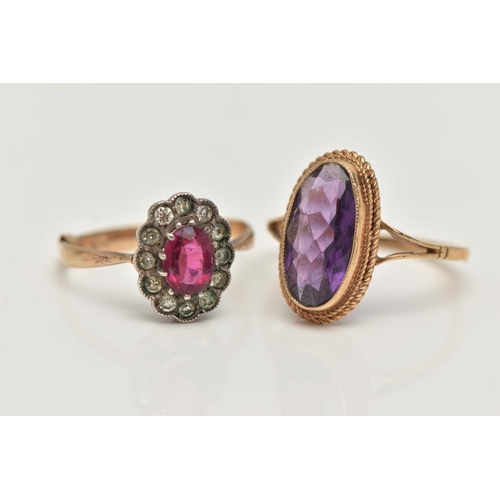 32 - TWO GEM SET RINGS, the first an elongated oval cut amethyst, collet set in yellow gold with rope twi... 