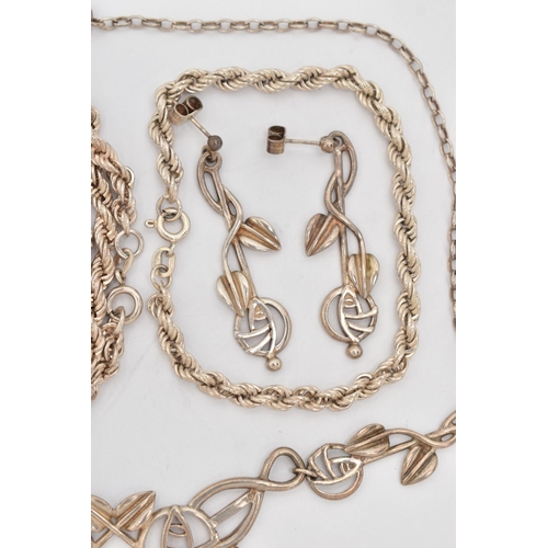 40 - AN ASSORTMENT OF SILVER AND WHITE METAL JEWELLERY, to include a silver rope chain, hallmarked Sheffi... 