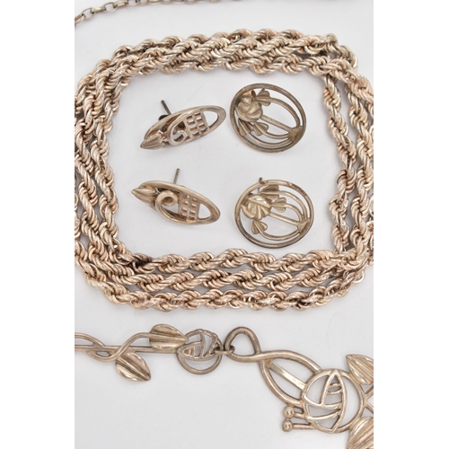 40 - AN ASSORTMENT OF SILVER AND WHITE METAL JEWELLERY, to include a silver rope chain, hallmarked Sheffi... 