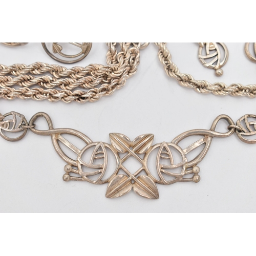 40 - AN ASSORTMENT OF SILVER AND WHITE METAL JEWELLERY, to include a silver rope chain, hallmarked Sheffi... 