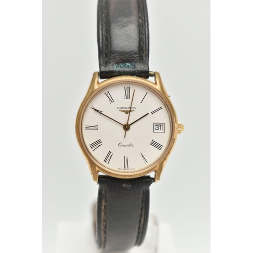 43 - A GENTS 'LONGINES' QUARTZ WRISTWATCH, round white dial signed 'Longines quartz', Roman numerals, dat... 