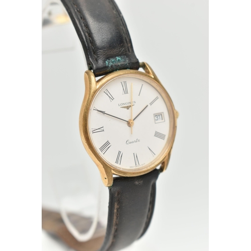 43 - A GENTS 'LONGINES' QUARTZ WRISTWATCH, round white dial signed 'Longines quartz', Roman numerals, dat... 