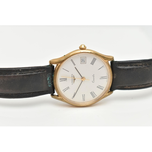 43 - A GENTS 'LONGINES' QUARTZ WRISTWATCH, round white dial signed 'Longines quartz', Roman numerals, dat... 