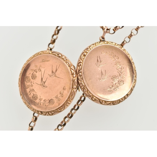 45 - A YELLOW METAL LOCKET AND BELCHER CHAIN, a circular form locket with birds and floral detail, stampe... 