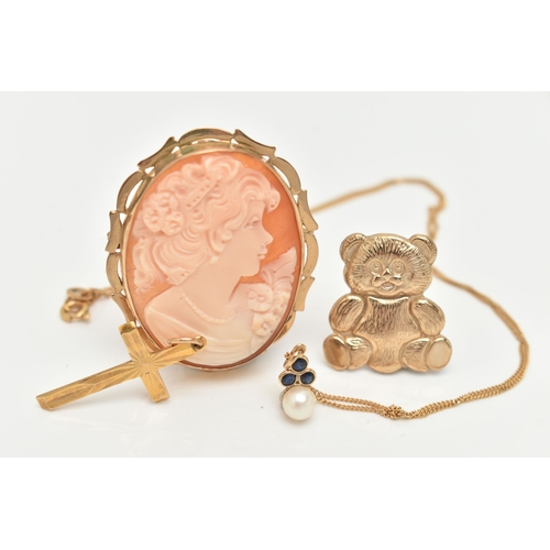 47 - FOUR PIECES OF JEWELLERY, to include a 9ct gold, carved shell cameo brooch, depicting a lady in prof... 