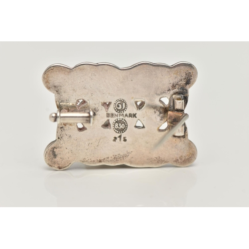 56 - AN EARLY 20TH CENTURY 'GEORG JENSEN' BROOCH, a rectangular form brooch with acanthus detail, set wit... 