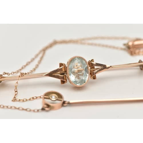 57 - AN EARLY 20TH CENTURY AQUAMARINE BROOCH AND NECKLACE, a bar brooch centrally set with an oval cut aq... 