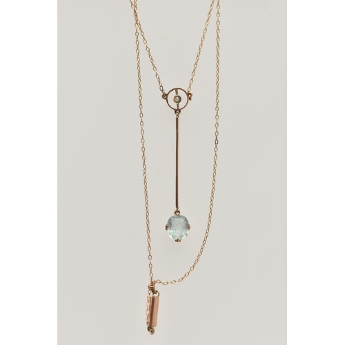 57 - AN EARLY 20TH CENTURY AQUAMARINE BROOCH AND NECKLACE, a bar brooch centrally set with an oval cut aq... 