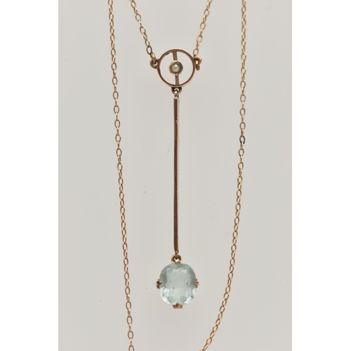 57 - AN EARLY 20TH CENTURY AQUAMARINE BROOCH AND NECKLACE, a bar brooch centrally set with an oval cut aq... 