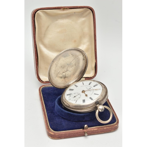 100 - AN EDWARDIAN SILVER FULL HUNTER POCKET WATCH, the white face with black Roman numerals, stamped John... 