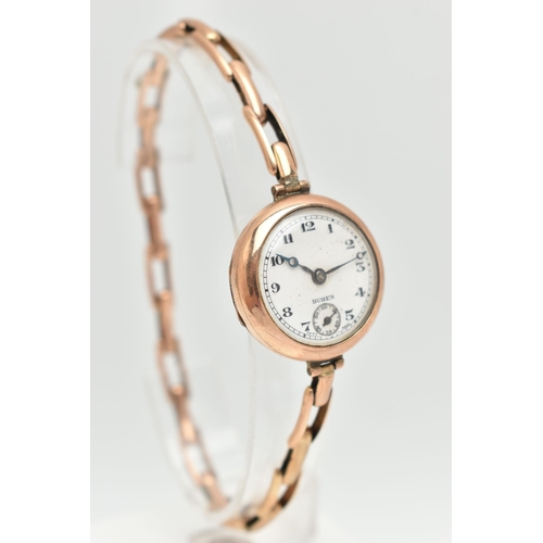 101 - A LADIES 9CT GOLD MID 20TH CENTURY WRISTWACTH, missing crown, manual wind, round white dial signed '... 