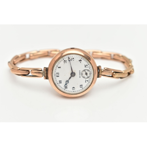 101 - A LADIES 9CT GOLD MID 20TH CENTURY WRISTWACTH, missing crown, manual wind, round white dial signed '... 