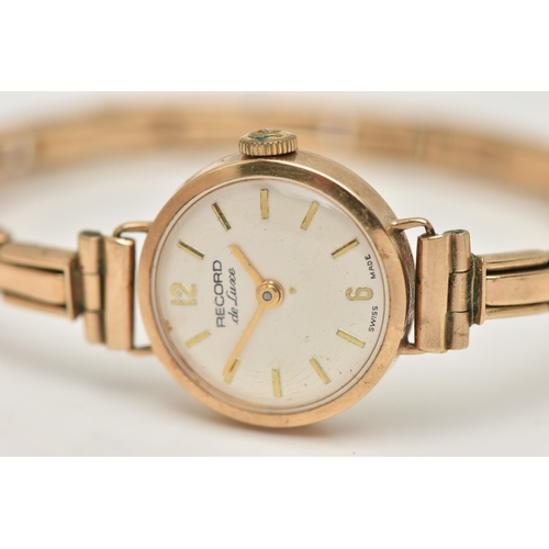 64 - A LADIES 9CT GOLD 'RECORD' WRISTWATCH, manual wind, round silver dial signed 'Record De Luxe', Arabi... 